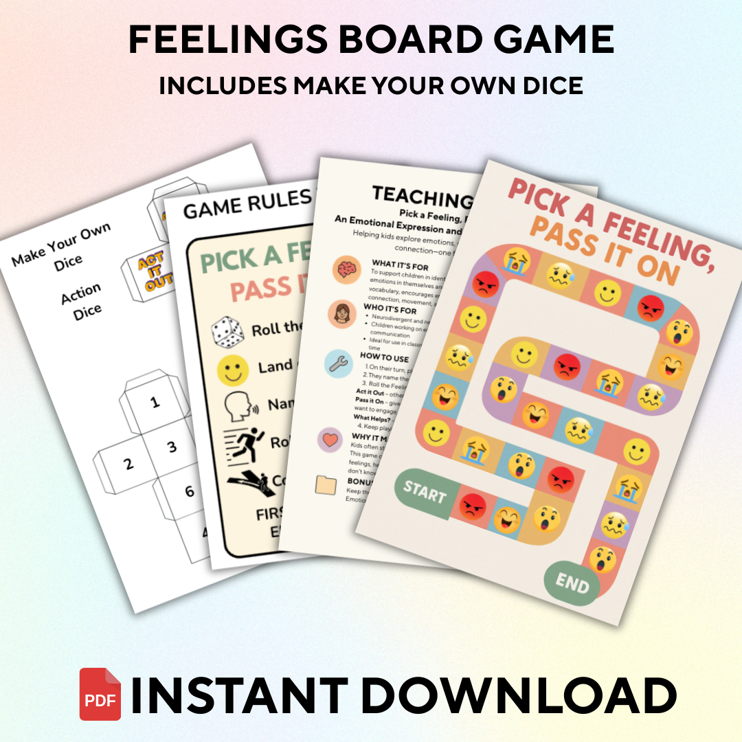 Promotional image for a board game named 'Feelings Board Game' with a subtext 'Includes make your own dice'. The image shows a colorful board with smiley faces, a dice with emotion symbols, game rules, and a teaching guide.
