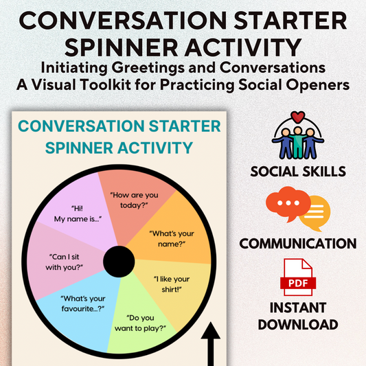 “Printable conversation starter spinner for practicing greetings and social openers”