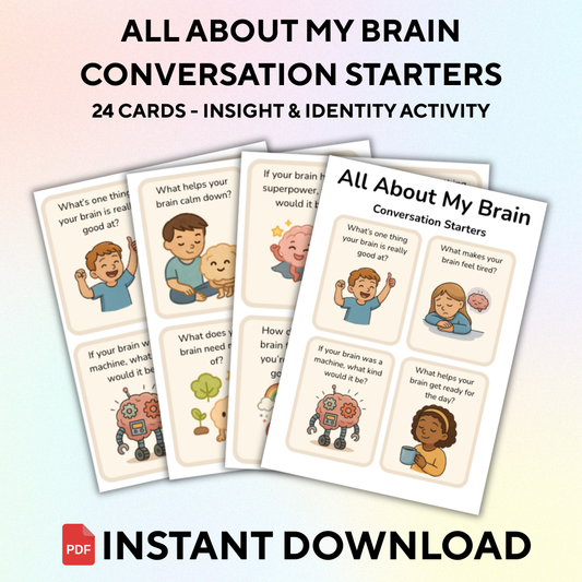 Promotional image for 'All About My Brain – Conversation Starters', displaying a set of 24 printable conversation cards with various illustrations and questions related to personal identity and learning styles. The image indicates that the product is available for instant PDF download.