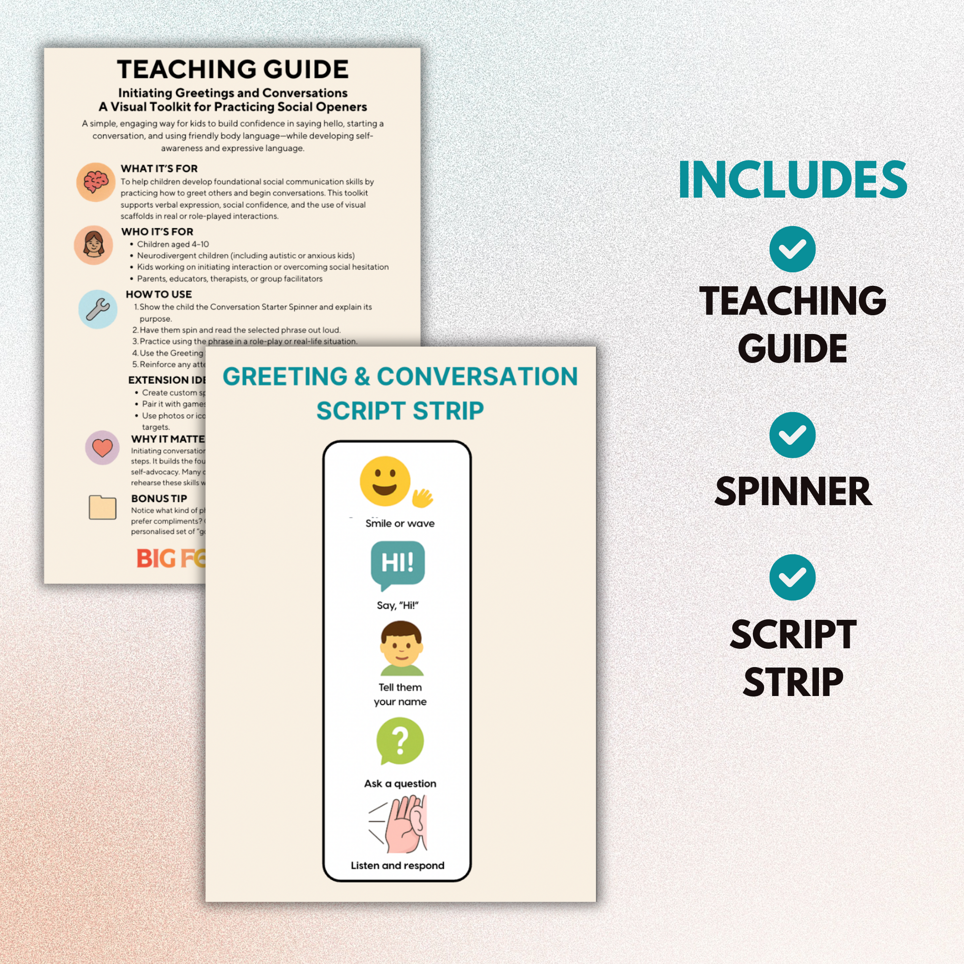 “Social communication tool with spinner and script strip to support initiating conversations”