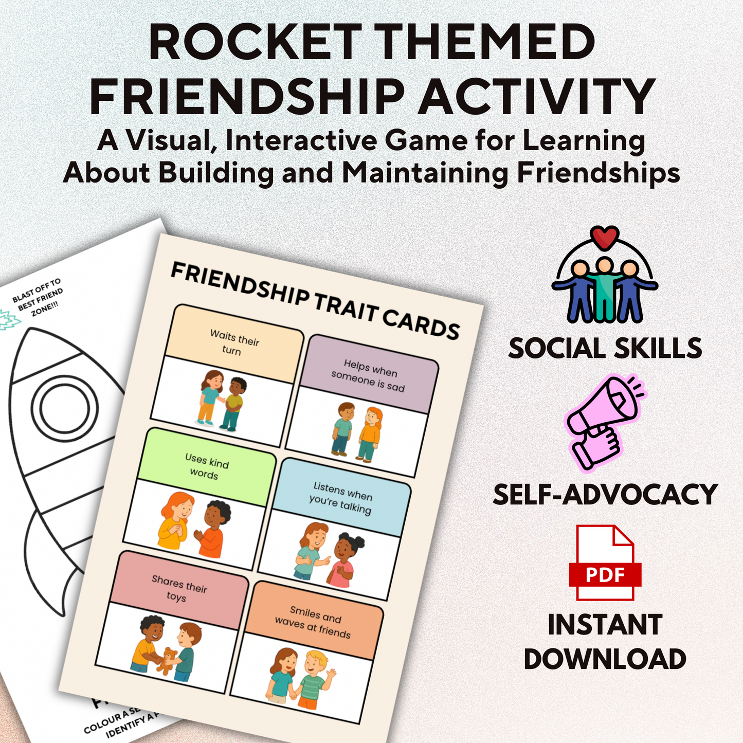“Interactive PDF activity with friendship trait cards and visual supports”