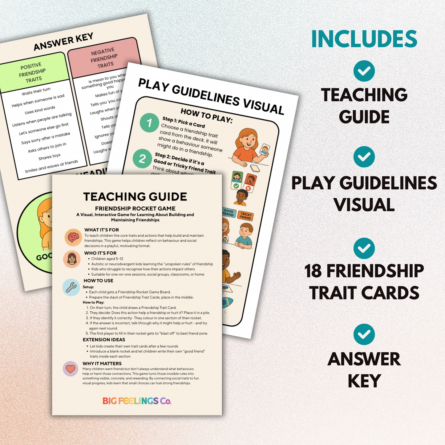 “Friendship activity for neurodivergent children – includes trait cards, visual guides, and rocket template”