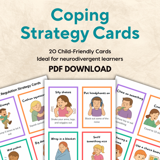 “Printable coping strategy cards for neurodivergent children – PDF download”
“Child-friendly visuals showing 20 different self-regulation strategies for emotional support”