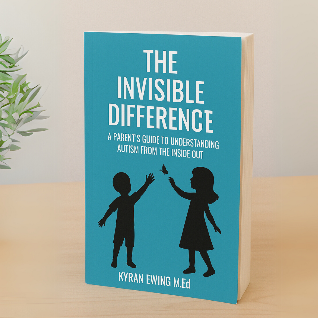 A book titled 'The Invisible Difference' by Kyran Ewing, Ed, standing upright on a surface with a plant in the background. The cover features two silhouetted figures, one reaching out to the other.