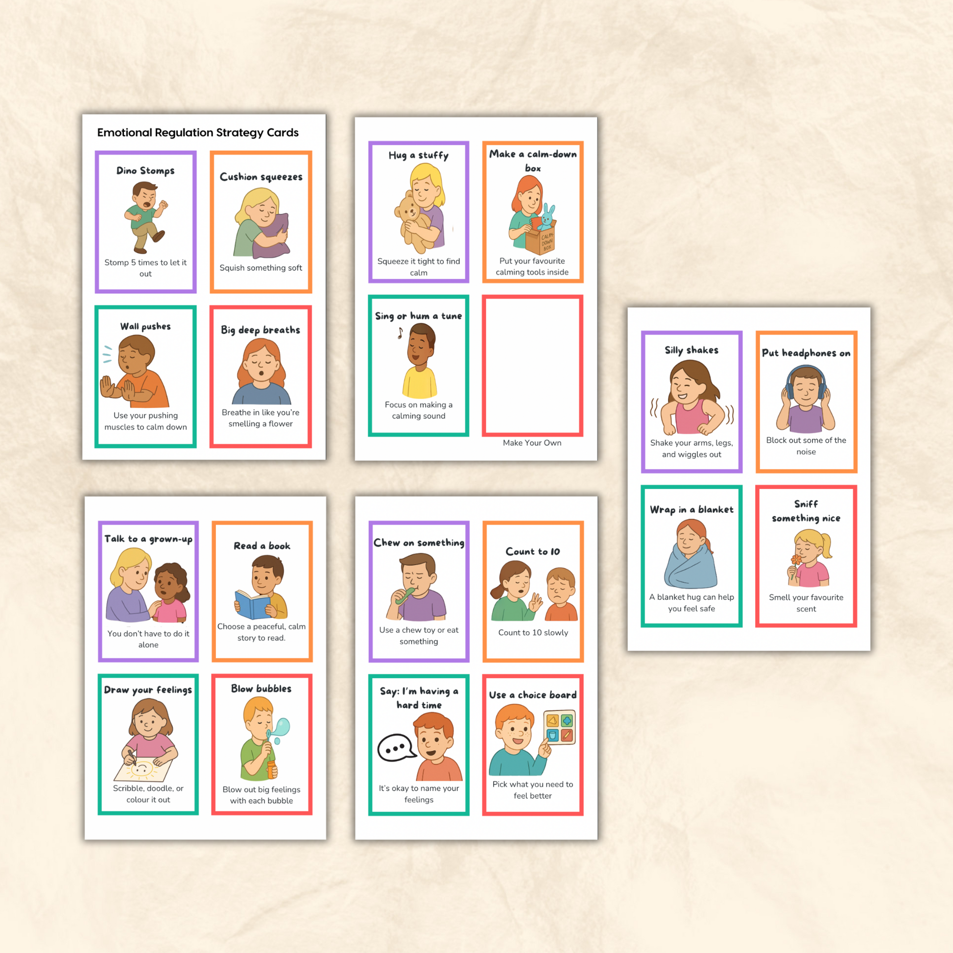 “Illustrated cards with calming strategies like chewy snacks, weighted blankets, and movement”
“PDF coping toolkit designed to support autistic and ADHD learners with self-regulation”