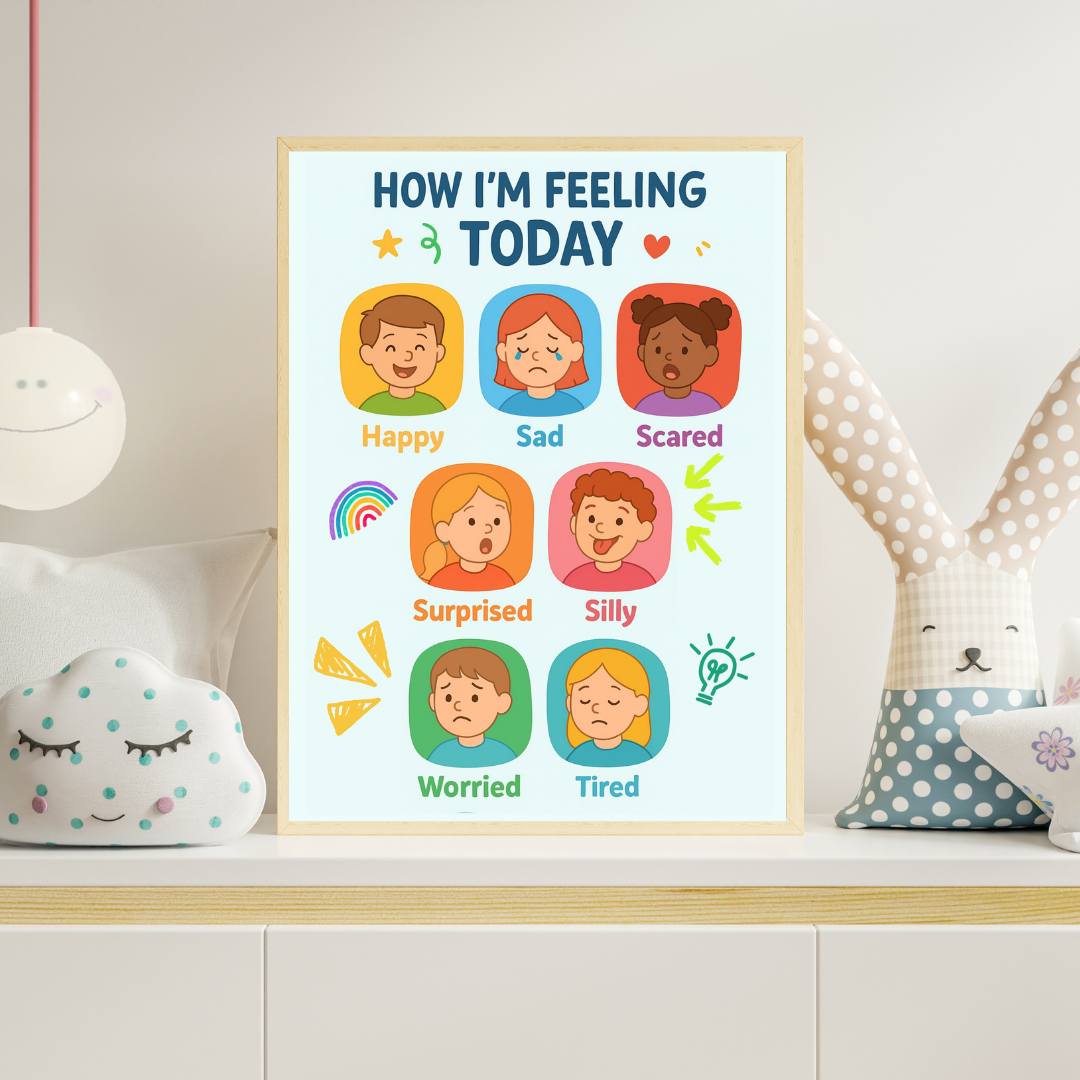 “Printable emotion check-in poster with illustrated faces showing eight feelings”
