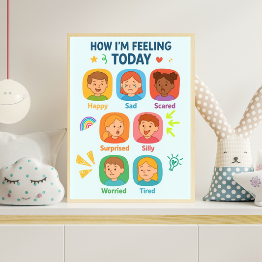 “Printable emotion check-in poster with illustrated faces showing eight feelings”