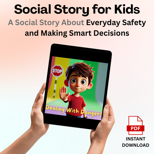 A promotional image featuring a tablet displaying a colorful social story book for kids about everyday safety, with the title 'Dealing With Danger' visible.