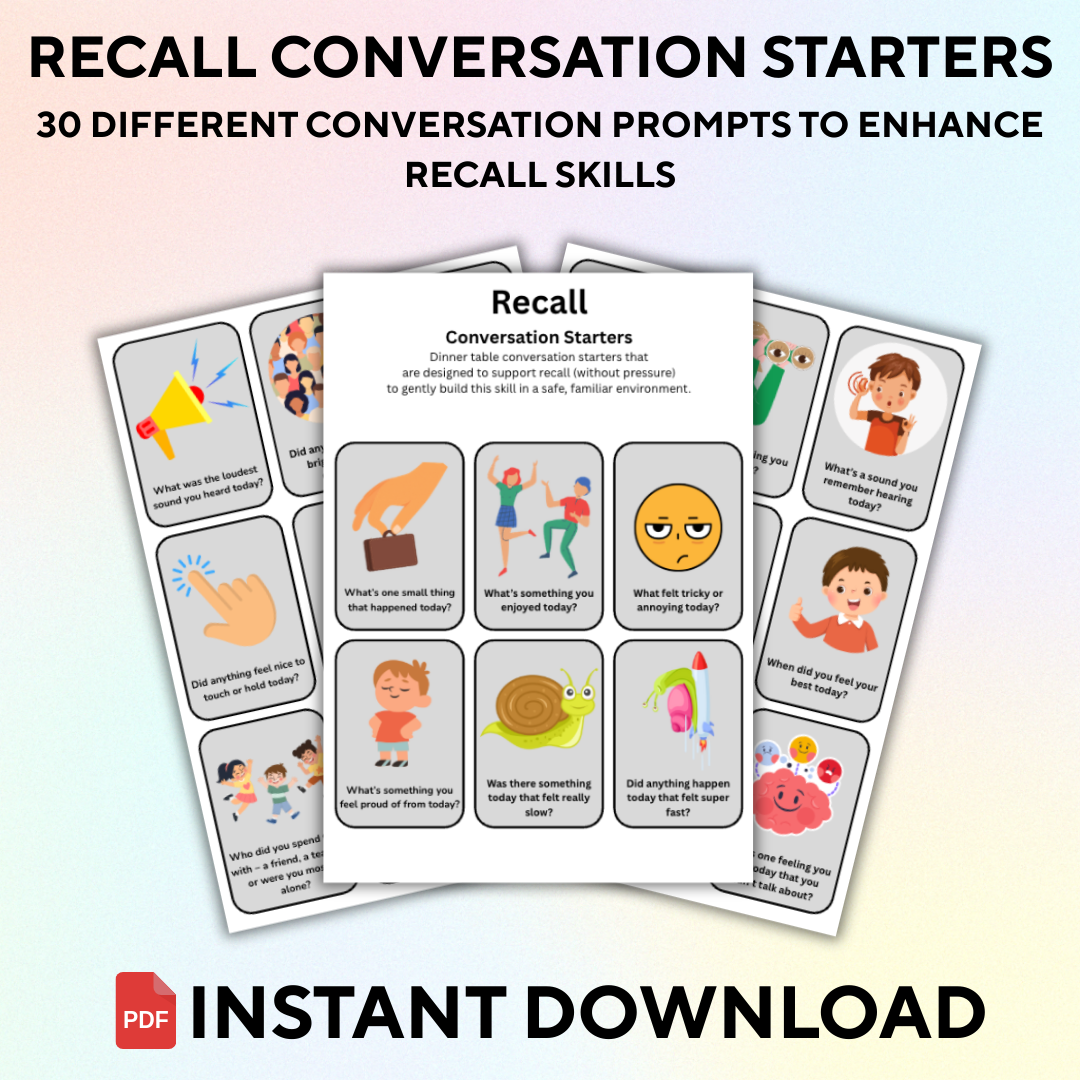 “Printable recall conversation starters with 30 illustrated prompts to support memory and language”
