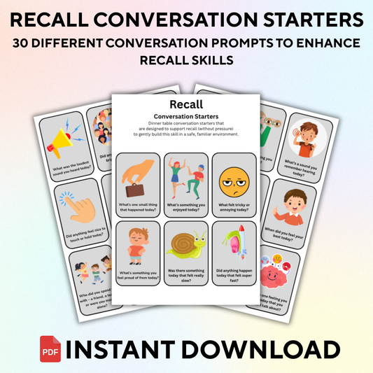 “Printable recall conversation starters with 30 illustrated prompts to support memory and language”