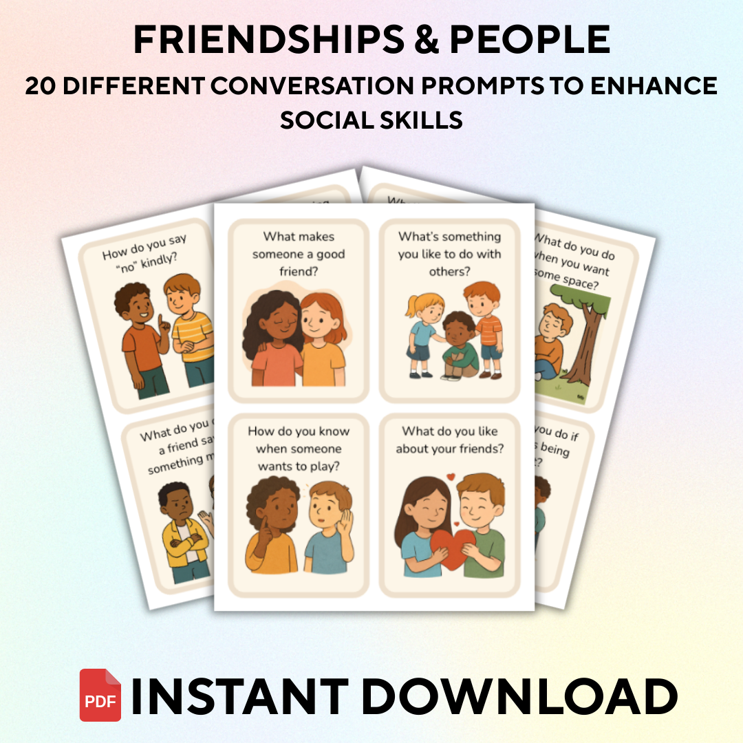 “PDF download with 20 illustrated questions to build social communication and connection”