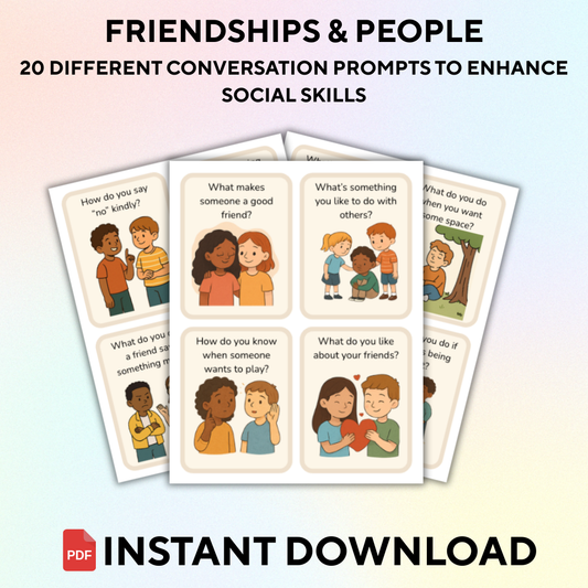 “PDF download with 20 illustrated questions to build social communication and connection”