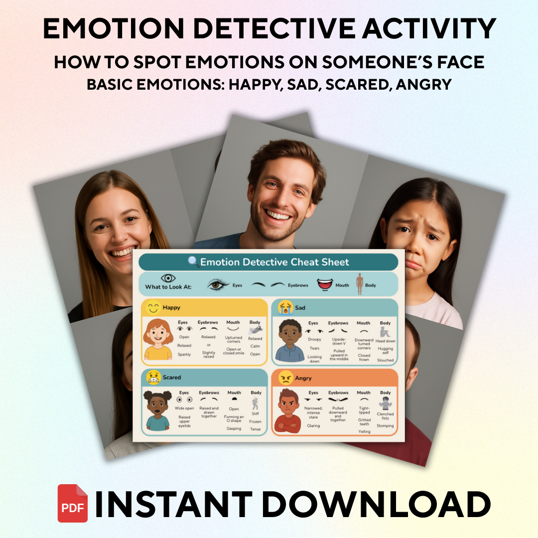 Promotional image for 'Emotion Detective' product featuring a 'Cheat Sheet' and 'Photo Pack' with facial expressions of individuals expressing different emotions, including happy, sad, scared, and angry.