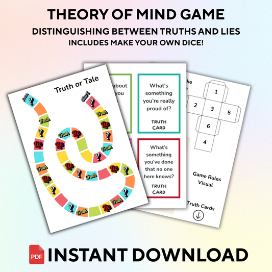 Promotional image for a PDF version of a Theory of Mind dice game, featuring a game board, custom dice with prompts, and a teaching guide.