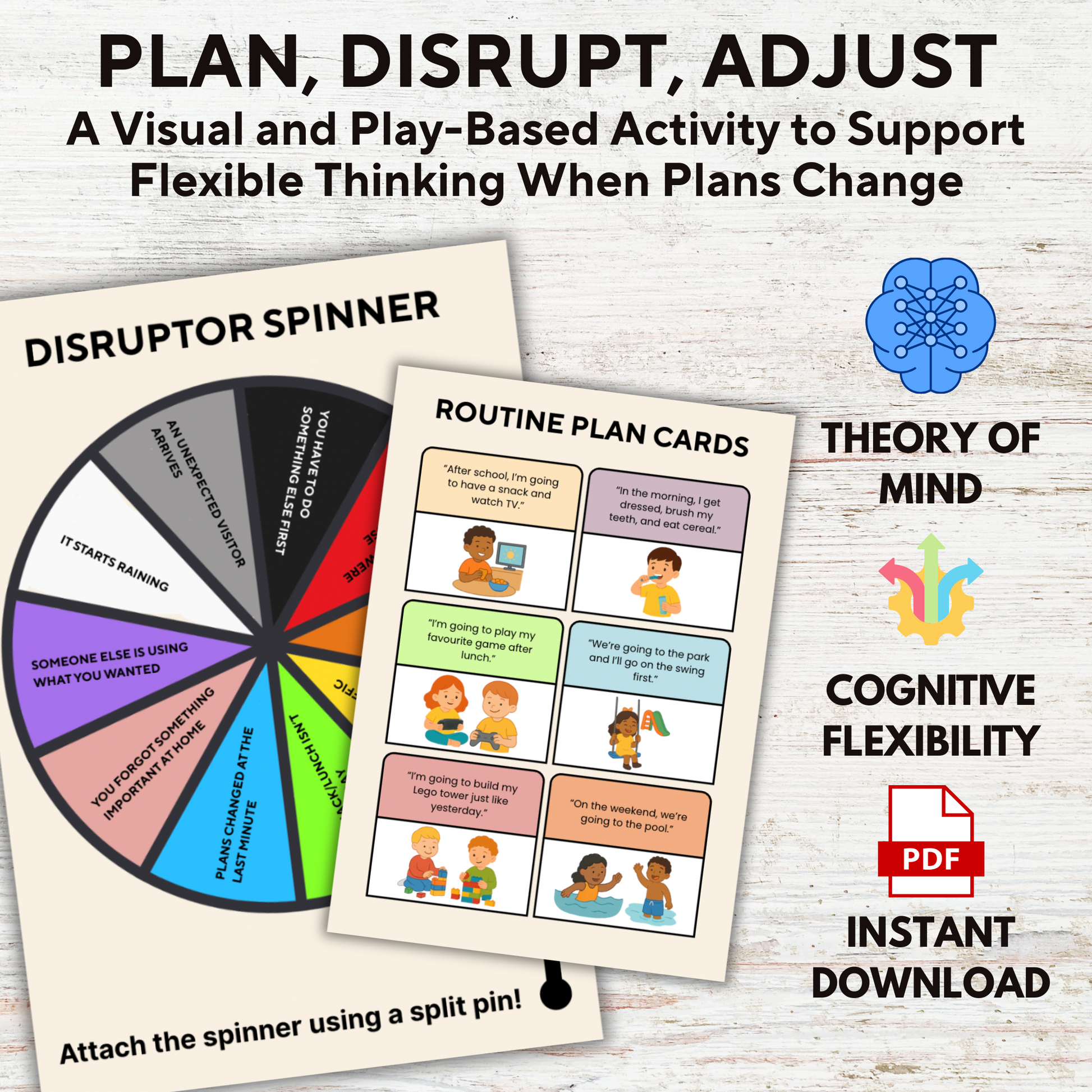 “Printable tool for cognitive flexibility and emotional regulation – includes disruptor spinner and routine cards”
