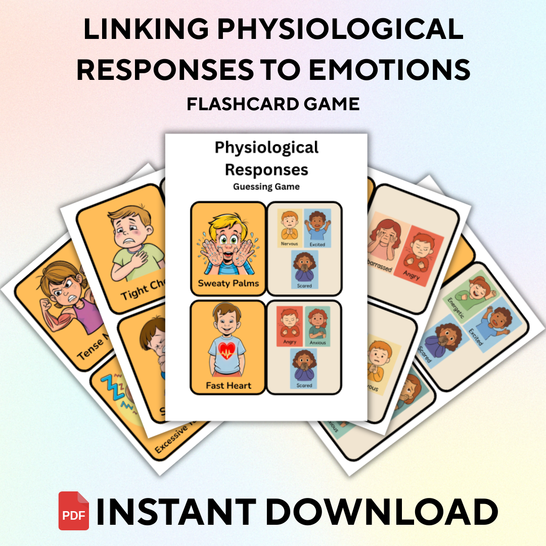 Promotional image for a flashcard game named 'Linking Physiological Responses to Emotions', indicating that it's an instant download PDF product.
