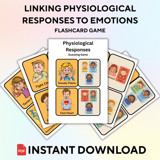 Promotional image for a flashcard game named 'Linking Physiological Responses to Emotions', indicating that it's an instant download PDF product.