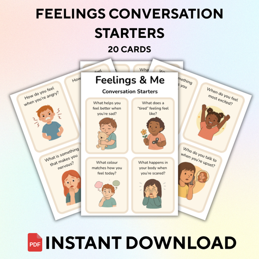 A promotional image for 'Feelings & Me – 20 Conversation Cards' featuring a collection of cards with illustrations and questions designed to help children talk about their feelings.