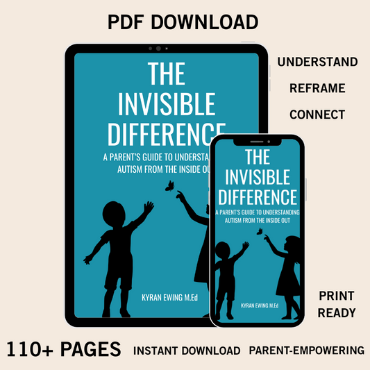 Promotional image for 'The Invisible Difference' book, displaying its title and author, Kyran Ewing, with visuals of a child raising hands joyfully. It mentions the book's length of over 110 pages and that it's available for PDF download, print, and instant download.