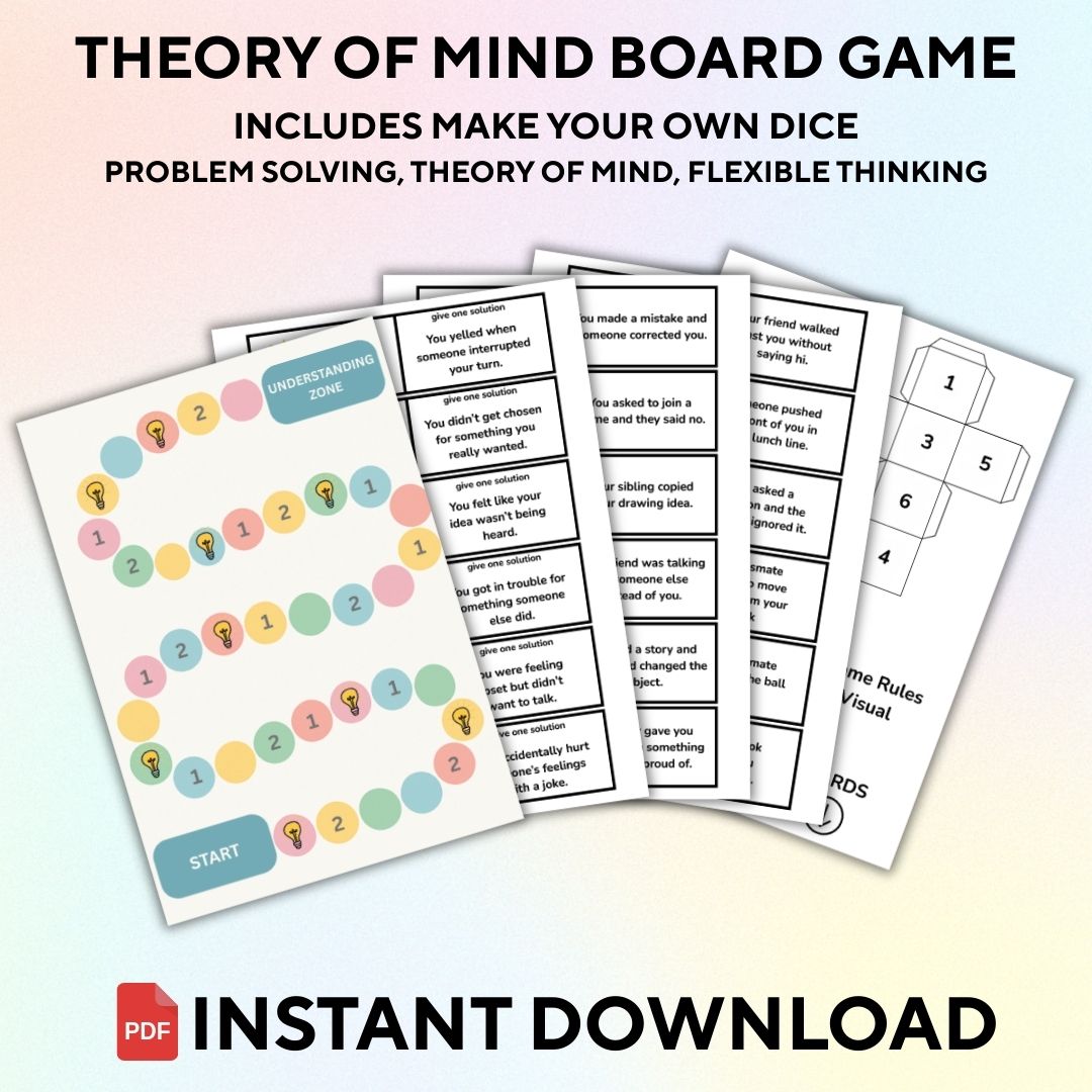 Promotional image for a Theory of Mind Board Game, indicating it includes make your own dice, problem solving, theory of mind, flexible thinking, and is an instant download PDF.