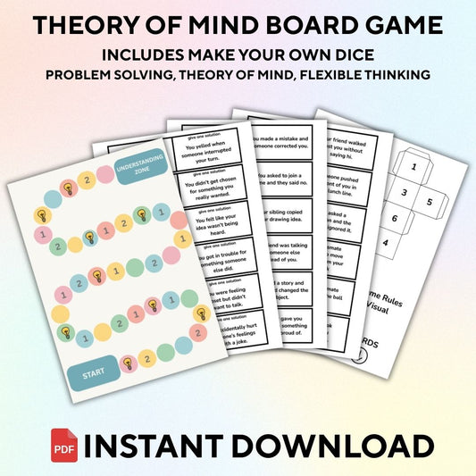 Promotional image for a Theory of Mind Board Game, indicating it includes make your own dice, problem solving, theory of mind, flexible thinking, and is an instant download PDF.