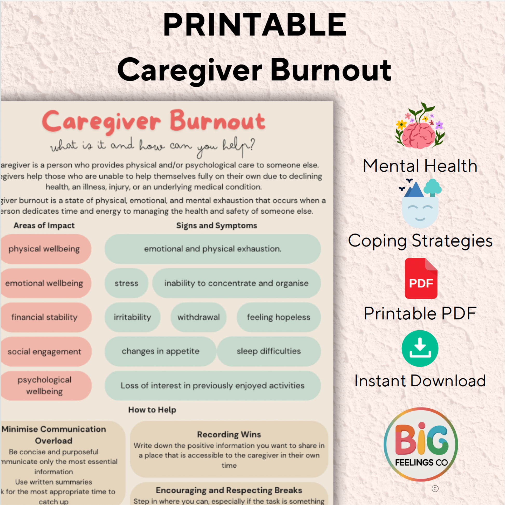 Promotional image for a printable info sheet on Caregiver Burnout, highlighting mental health coping strategies, and indicating that it's an instant download PDF.