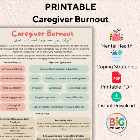 Promotional image for a printable info sheet on Caregiver Burnout, highlighting mental health coping strategies, and indicating that it's an instant download PDF.