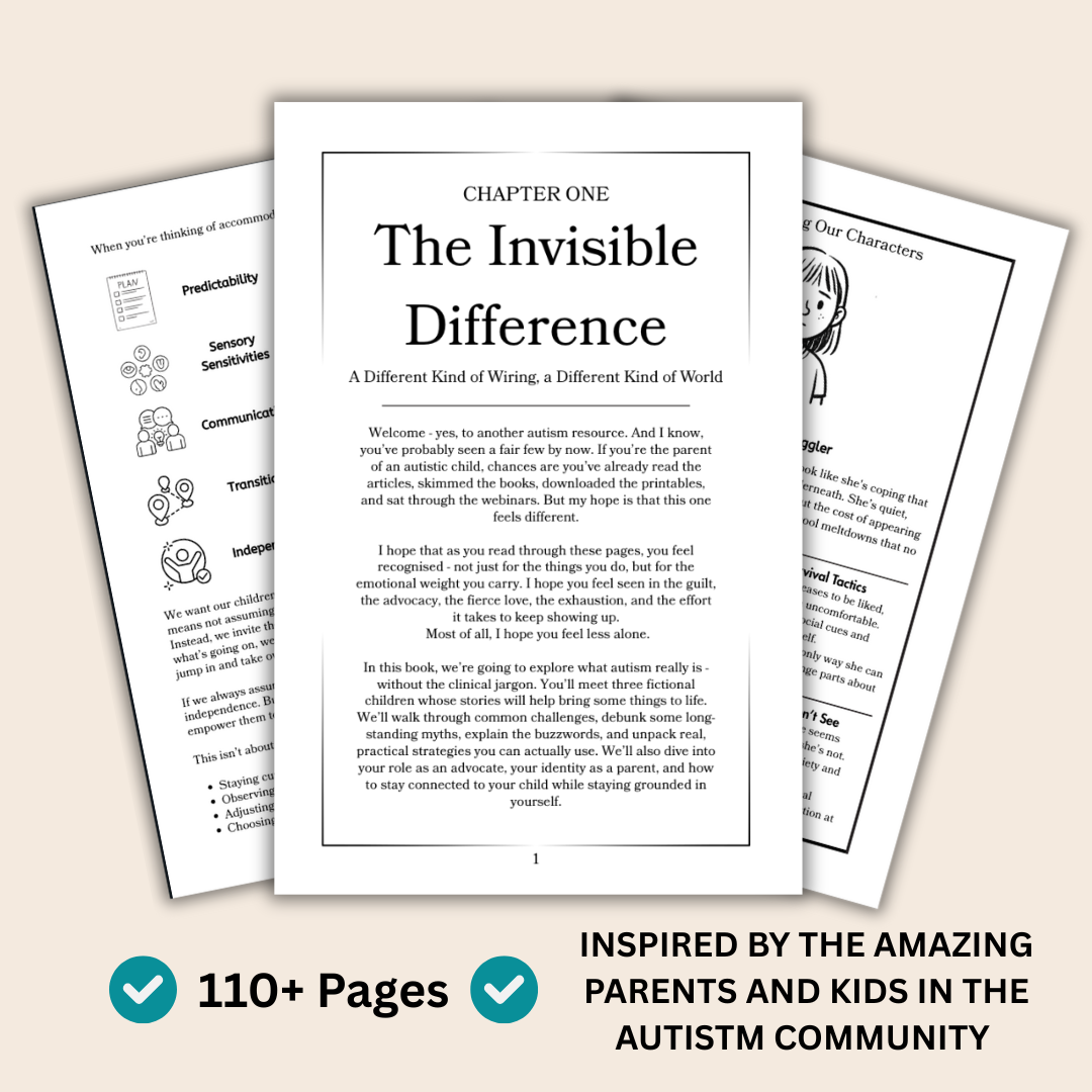 Pages from a book or document with text and graphics on a beige background, inspired by autism community.