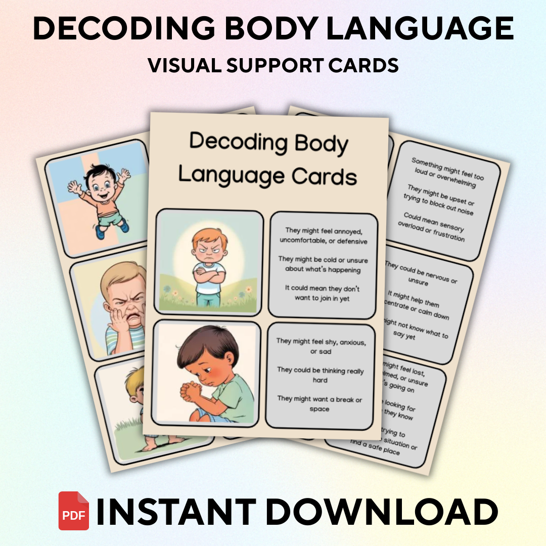 “Printable body language visual support cards to help kids interpret emotional cues”


