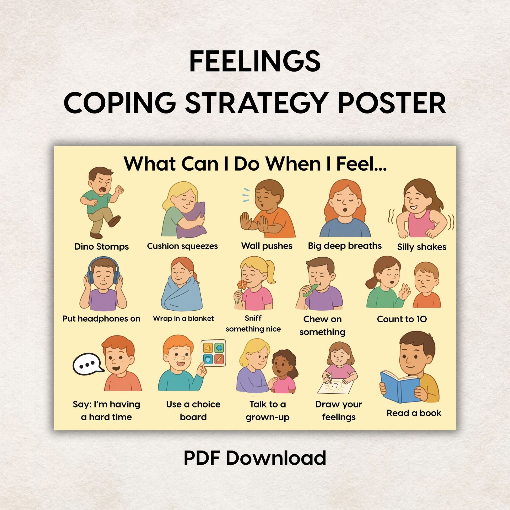 “What Can I Do When I Feel… poster showing sensory and communication-based strategies”

