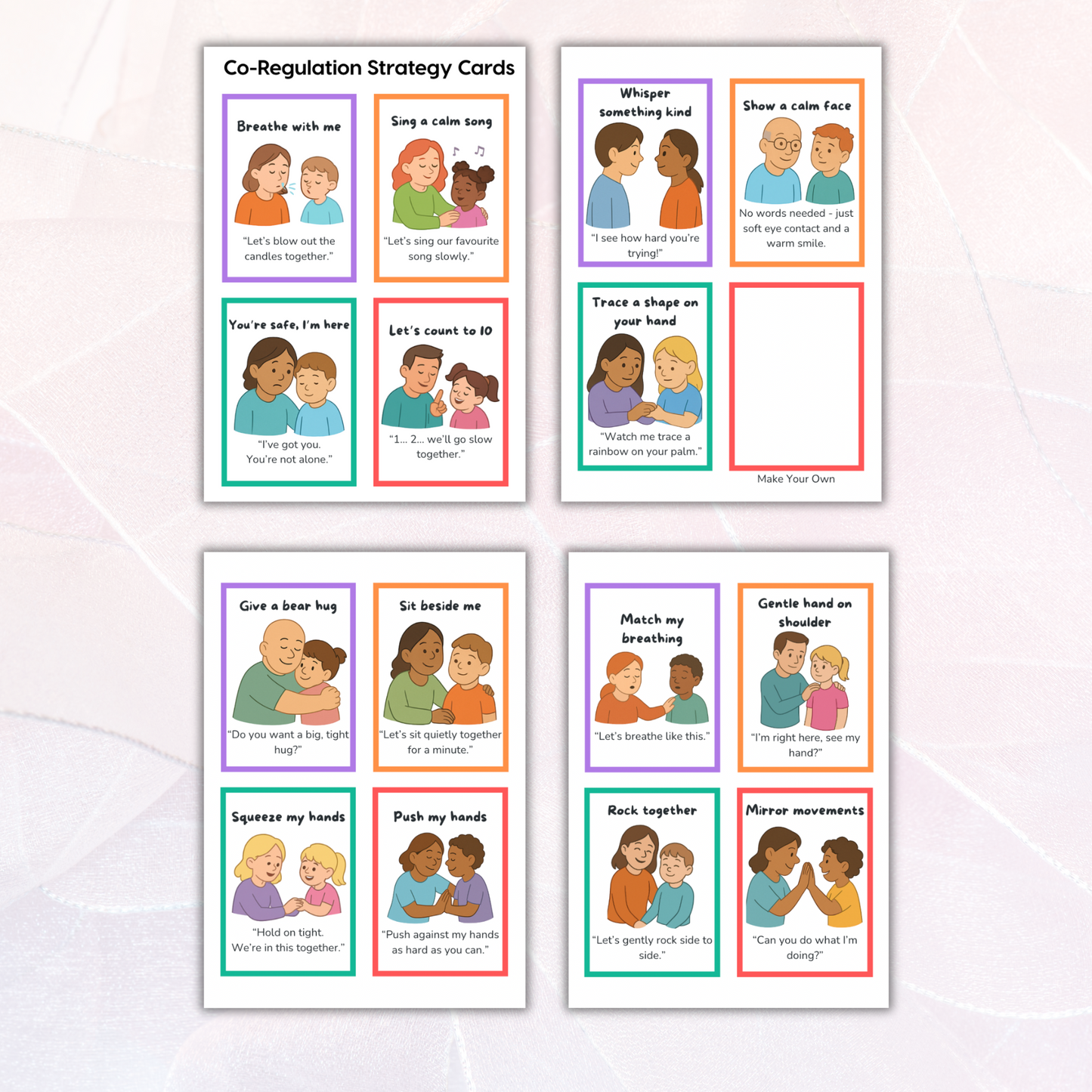 “Visual cards showing co-regulation strategies like deep breathing, hugs, and calming presence”

