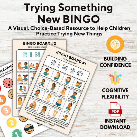 “Printable bingo game for helping children try new things with confidence”

“Confidence-building activity for neurodivergent kids – trying new things bingo game”

